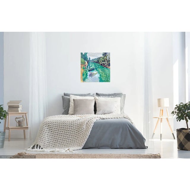 FREE SHIPPING Oil painting of a river in France near Paris. Summertime fishing boats in view. Painted out of doors in...