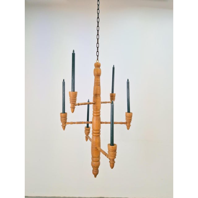 Brown Brutalist Twisted Spool Candle Chandelier in Wood, 1960s For Sale - Image 8 of 9