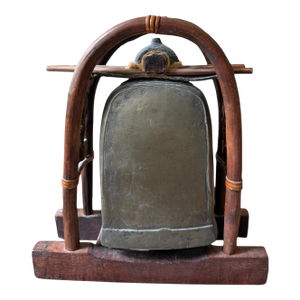 1930s Bronze Tempel Bell With Wooden Stand by Karen Hill Tribe in Thailand. Comes With Tray.