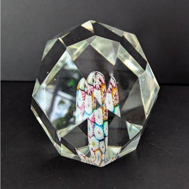 Italian Vintage Fratelli Toso Style Faceted Murano Style Glass Paperweight With Millefiori Core For Sale - Image 3 of 7