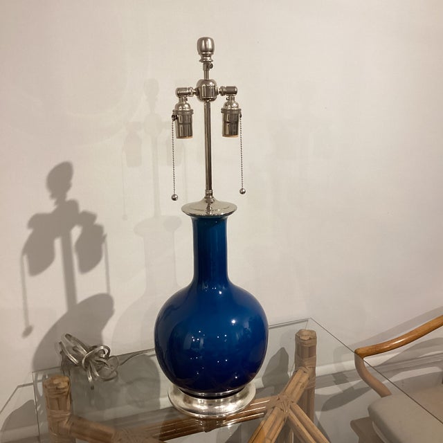 Blue Hand Signed Original Christopher Spitzmiller Prussian Blue Gourd Lamp For Sale - Image 8 of 10