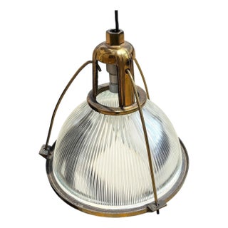 Mid 20th Century Rare Brass Plated Holophane Industrial Hanging Pendant Light For Sale