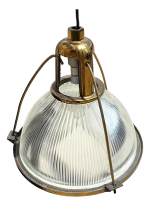 Mid 20th Century Rare Brass Plated Holophane Industrial Hanging Pendant Light