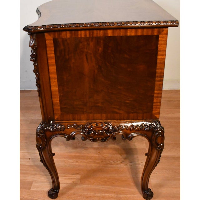 Antique 1920 Louis XV Burl Walnut Lowboy Chest Banded Satinwood Carving Two Drawers For Sale - Image 9 of 11