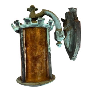 Early 20th Century Original Verdigris Patina Bronze Outdoor Wall Sconce With Mica Shade For Sale