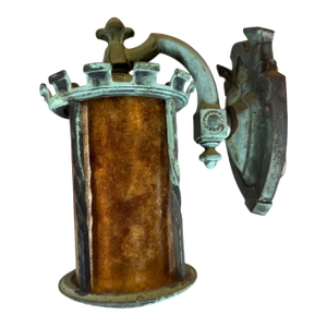 Early 20th Century Original Verdigris Patina Bronze Outdoor Wall Sconce With Mica Shade