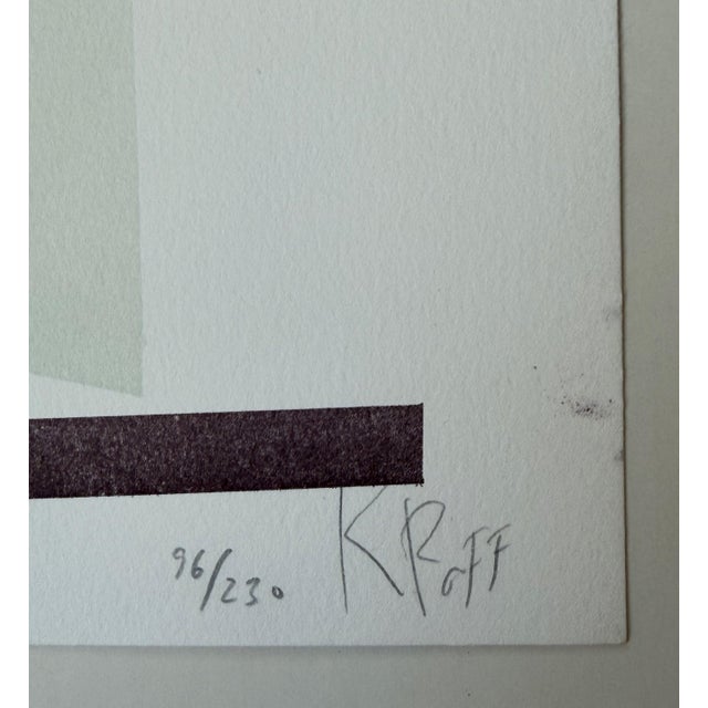 Abstract lithograph by Kirstine Roepstorff, dated 2020. Geometric composition in pale tones with a dark purple horizontal...