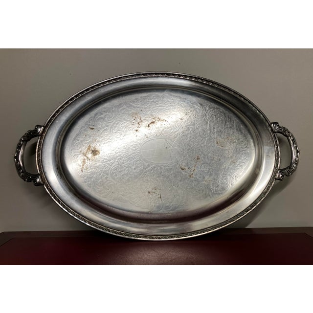Mid-Century Oneida Silver-Plated 25" Grand Oval Butler’s Tray With Etched Victorian Scroll For Sale - Image 16 of 18