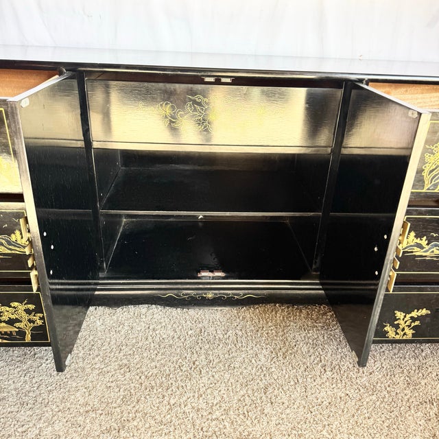 Wood Vintage Chinese Black and Gold Hand Painted Dresser With Mirrors - 3 Pieces For Sale - Image 7 of 12