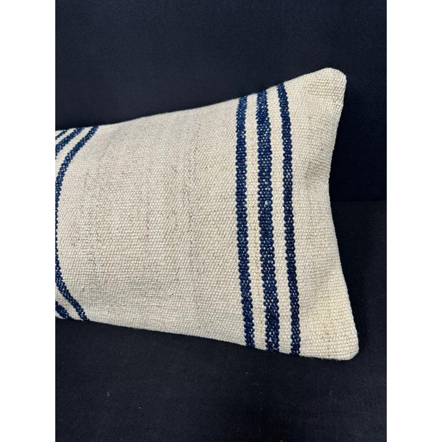 Turkish Hemp Pillow Cushion Natural Beige Blue Cushion Cover 14"x45" For Sale - Image 4 of 4