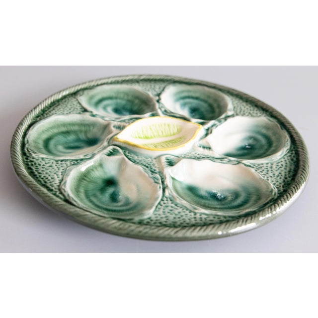 French Antique French Saint Clément Majolica Blue Green & Yellow Lemon Wedge Oyster Plate For Sale - Image 3 of 7