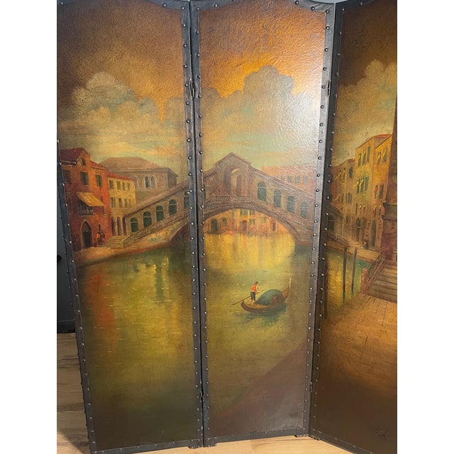 Antique Italian Ponte Rialto Handpainted Parchment Leather Floor Screen For Sale - Image 13 of 18