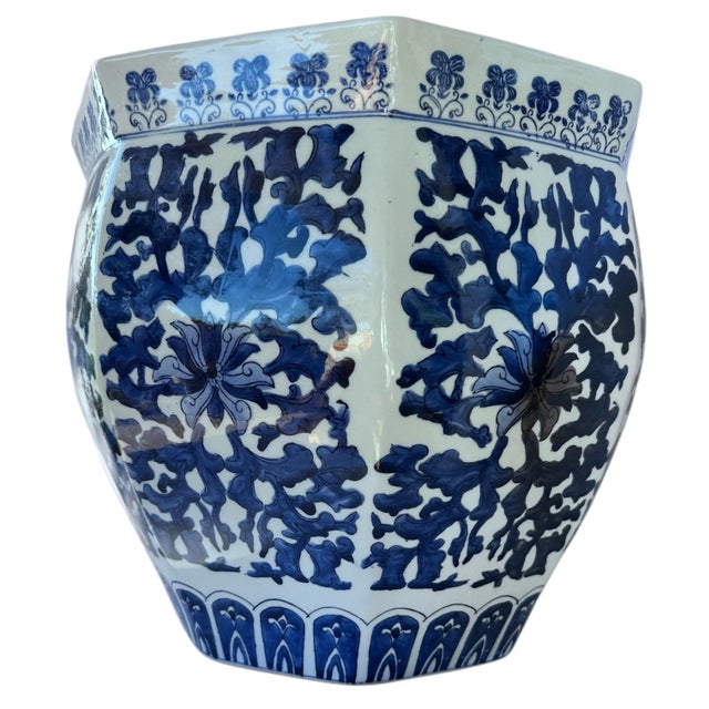 1990s Blue and White Cachepot Jardienere Plant Holder Chinoiserie Porcelain Ceramic Chinese Asian For Sale - Image 4 of 12
