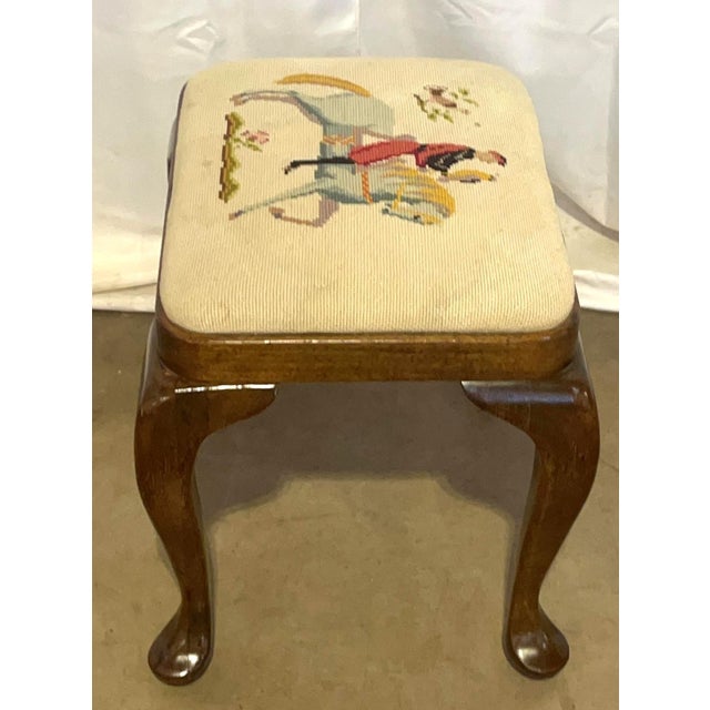 Queen Anne Vintage Queen Anne Walnut Footstool With Equestrian Fox Hunt Needlepoint For Sale - Image 3 of 4