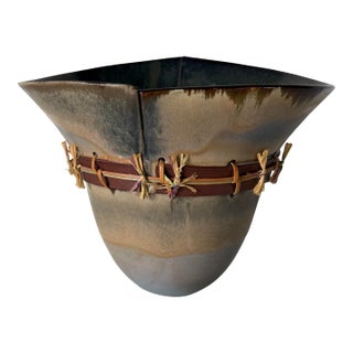 1980s Vintage Organic Studio Art Ceramic Vase With Natural Fiber Detail For Sale