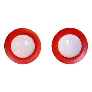 Space Age Round Wall Sconces in Orange Lacquered Metal and White Opaline Glass, 1960s, Set of 2 For Sale