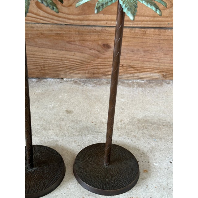 1980s Pair of Tropical Coastal Palm Tree Metal Candlesticks With Verdigris Green Fronds For Sale - Image 5 of 12