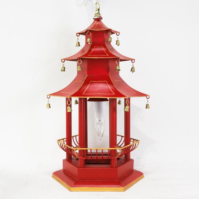 Early 21st Century Chinoiserie Pagoda With Steps Ceiling Chandelier, Red/Gold With Bells For Sale - Image 5 of 17