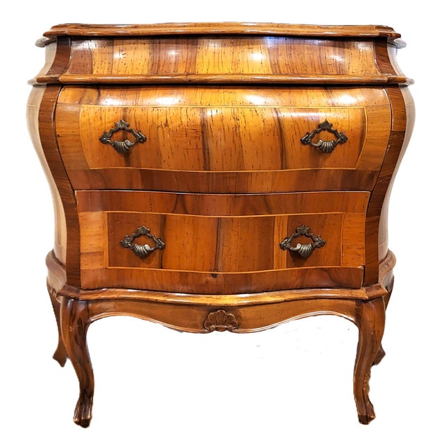 Mediterranean Vintage Italian 20th C Venetian Bombe Walnut & Olivewood Chest Commode For Sale - Image 3 of 11