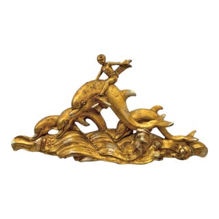 Mid-Century Modern Cherub Riding Dolphin Sculpture, Paul Manship Style, Gold, 46"w For Sale