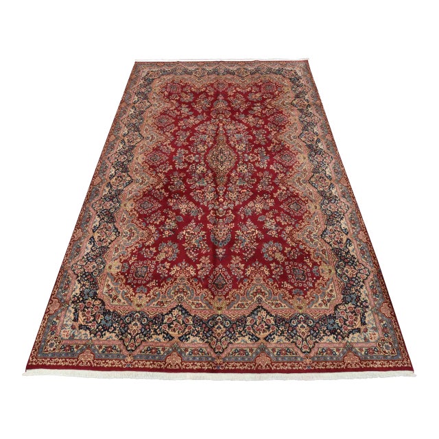 Kerman Rug 9’1” X 14’7” Red Wool Vintage Traditional Hand-Knotted Carpet For Sale