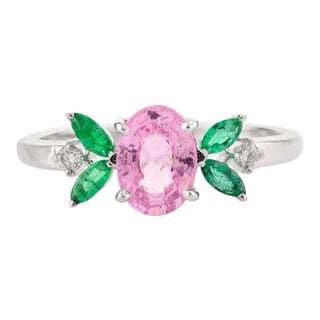 Genuine Pink Sapphire and Emerald Flower Ring in 14Karat White Gold Size 7 For Sale
