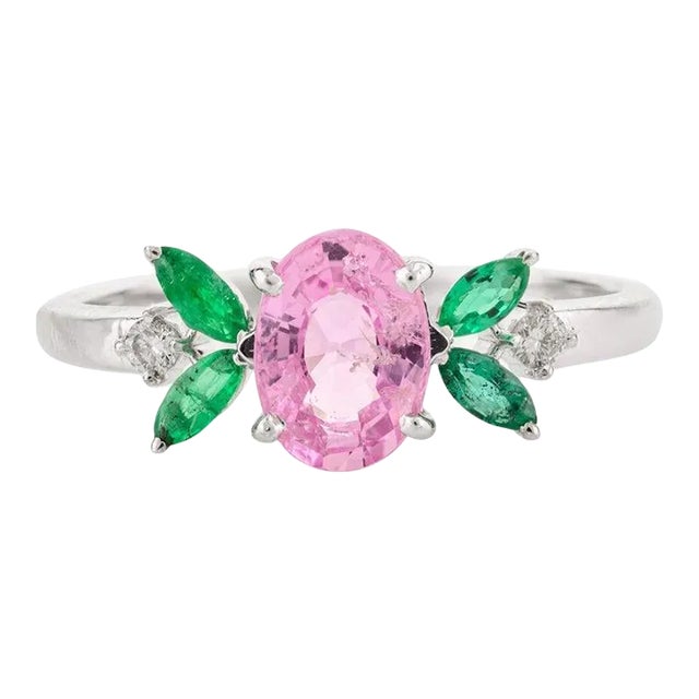 Genuine Pink Sapphire and Emerald Flower Ring in 14Karat White Gold Size 7 For Sale