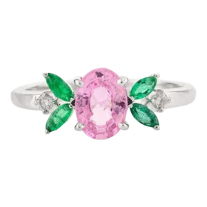 Genuine Pink Sapphire and Emerald Flower Ring in 14Karat White Gold Size 7