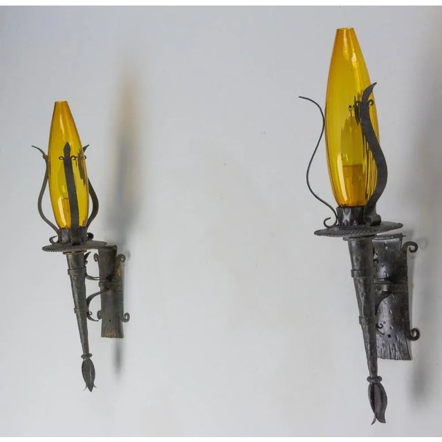 Amber Glass & Wrought Iron Outdoor Sconces, France, 1960, Set of 2 For Sale - Image 3 of 9