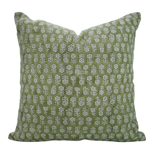 Fabdivine Handmade Block Print Floral Design Olive GreenTulsi Buti Printed Thick Linen Pillow Cover 26x26Inches For Sale