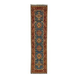 Blue and Rust Red Kazak Wool Runner Rug, Tribal Hallway Rug, 2'6" X 10'6" For Sale