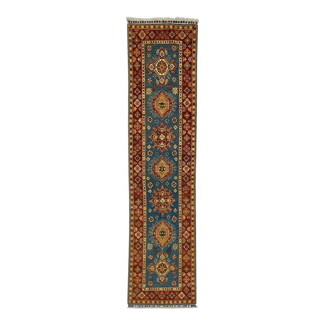 Blue and Rust Red Kazak Wool Runner Rug, Tribal Hallway Rug, 2'6" X 10'6" For Sale