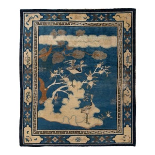 Antique Chinese Peking Art Deco Wool Rug in Indigo Blue and Cream, Circa 1920s For Sale