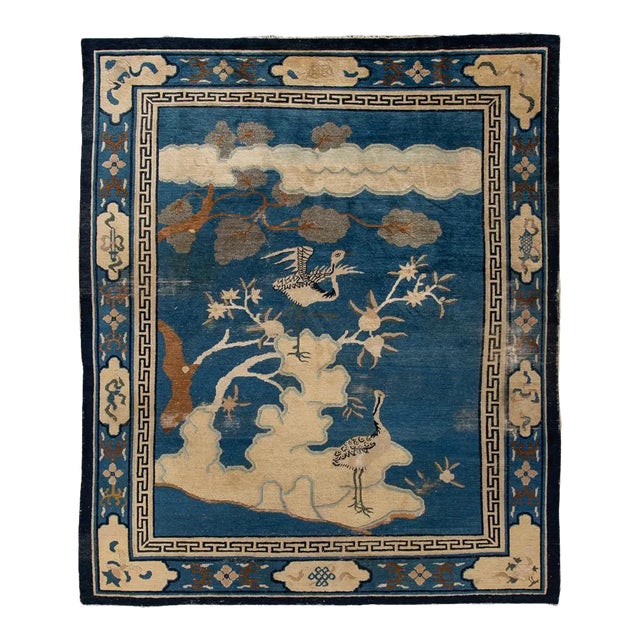 Antique Chinese Peking Art Deco Wool Rug in Indigo Blue and Cream, Circa 1920s For Sale