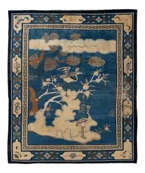 Antique Chinese Peking Art Deco Wool Rug in Indigo Blue and Cream, Circa 1920s