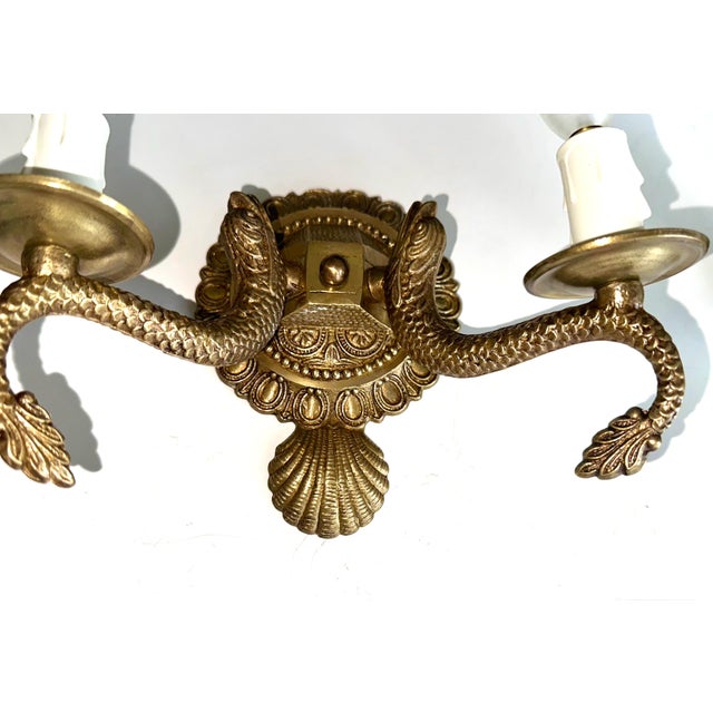 Brass Pair Neoclassic Dolphin Shell Brass Wall Sconces For Sale - Image 8 of 13