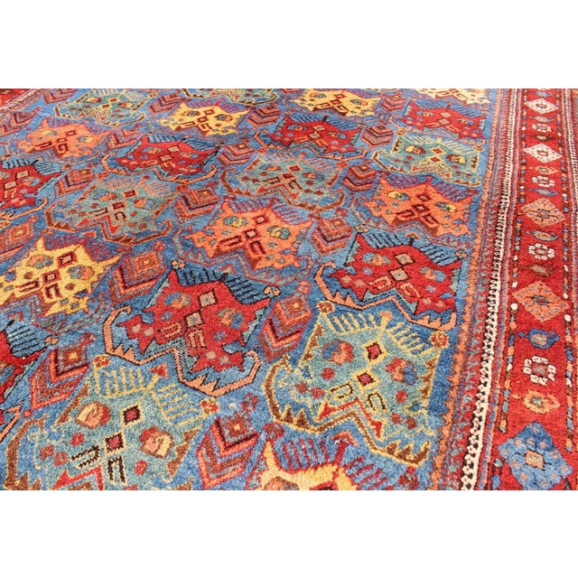 Early 20th Century Antique Persian Afshar Rug in Blue Background, Terracotta Red Border & Lt. Green Square Shape 4'2"x5'1" For Sale - Image 5 of 7