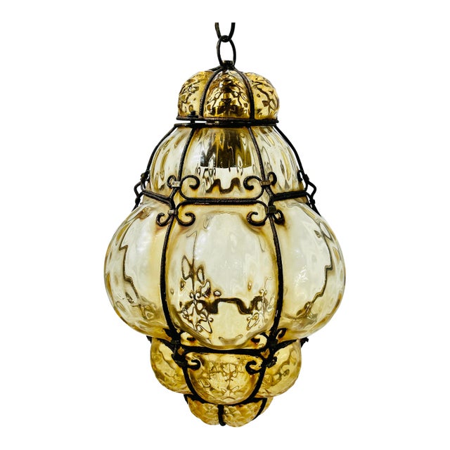 Vintage Mid Century Era Murano Caged Glass Pendant Lantern Attributed to Seguso, Amber Glass For Sale