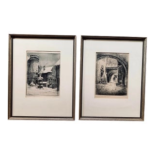Vintage German Paul Geissler Architectural Etchings, Artist Signed- a Pair For Sale