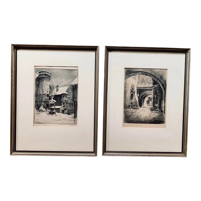 Vintage German Paul Geissler Architectural Etchings, Artist Signed- a Pair For Sale