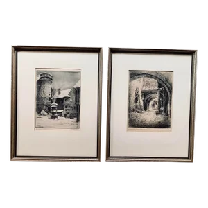 Vintage German Paul Geissler Architectural Etchings, Artist Signed- a Pair
