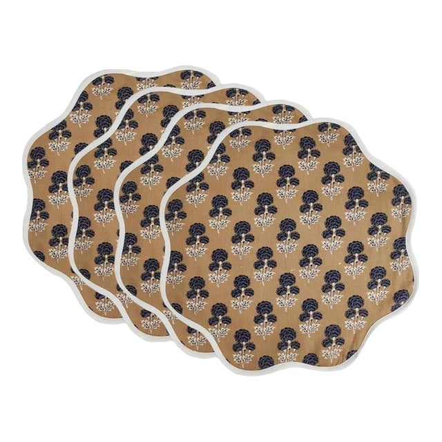 Handmade Scalloped Beige and Navy Flower Placemats with White Piping - Set of 4 For Sale