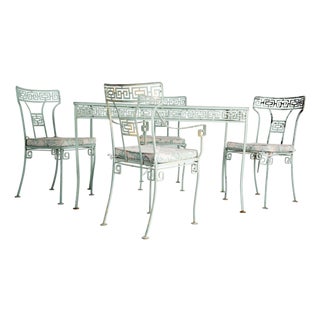 1940s Salterini Greek Key Wrought Iron Dining Set in Aqua Finish, Attributed, 5 Pieces For Sale