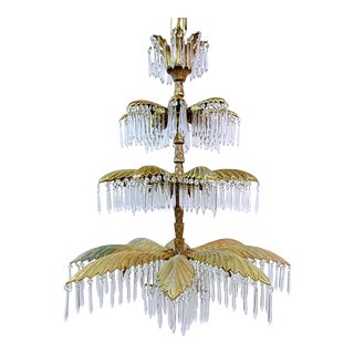 1920s Bronze Palm Tree Chandelier With U-Drop Crystal Drops For Sale