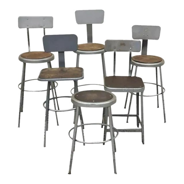 Late 20th Century Vintage Industrial Steel Metal Drafting Work Stools Chairs - Group Set of 6 For Sale