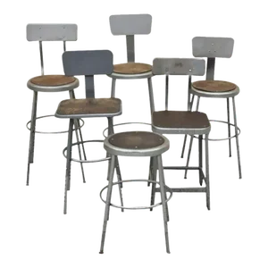 Late 20th Century Vintage Industrial Steel Metal Drafting Work Stools Chairs - Group Set of 6