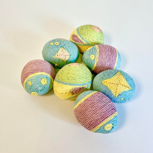 1980s Vintage Boho Chic Arts & Crafts Paper Cord Wrapped Easter Eggs - Set of 7. For Sale - Image 4 of 10