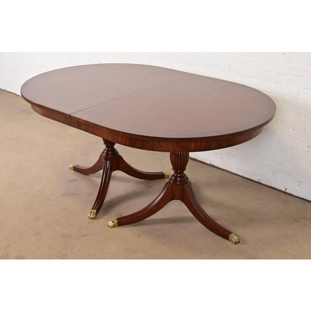 Brown Henkel Harris Georgian Banded Mahogany Double Pedestal Extension Dining Table, Newly Refinished For Sale - Image 8 of 14