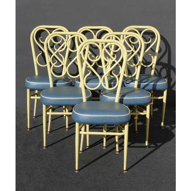 Set Of Six Mid Century Modern Yellow Blue Metal Bistro Chairs