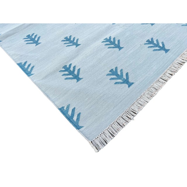 Not Yet Made - Made To Order Not Yet Made - Made To Order Handmade Cotton Area Rug Natural Vegetable Dyed Flat Weave Gray and Teal Blue Tree Pattern Dhurrie - 4'x6' For Sale - Image 5 of 10